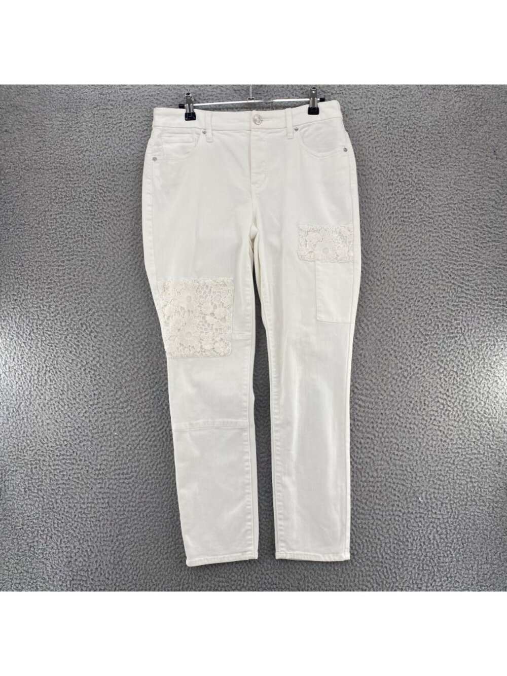 Chicos Jeans Women 0 US 4 White So Slimming Girlfriend Ankle Lace Patch Stretch
